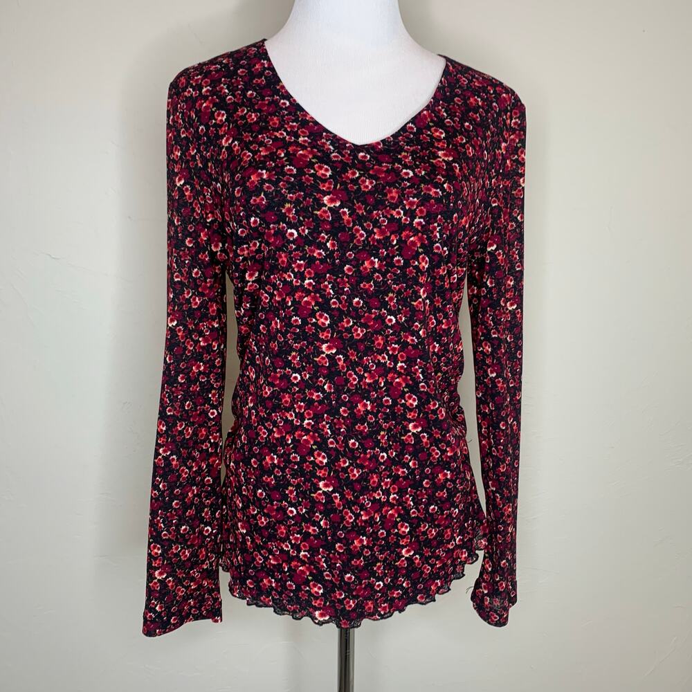y2k. Stretch Mesh Ruched Long Sleeve Top Pink Black Floral Pattern Sz Large